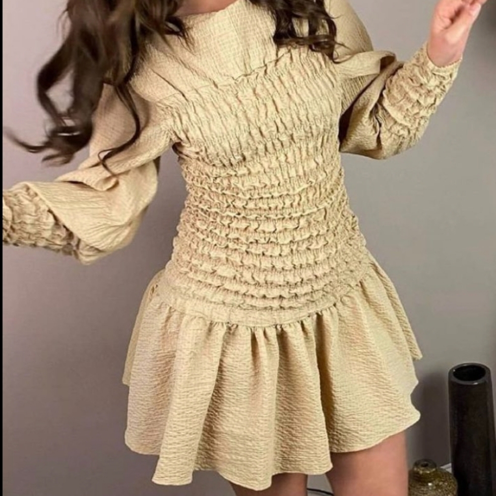 NWT Tan Smocked dress with Bishop Sleeves